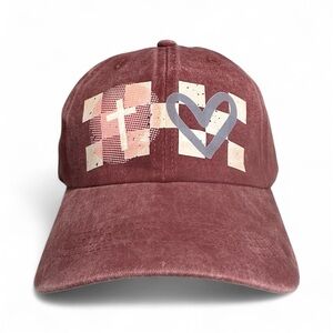 NEW Burgundy Checkered Cap with Cross and Heart Design